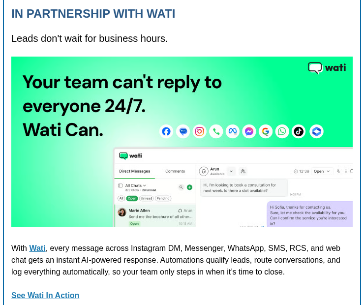 Secondary placement example — Wati in Sales Bytes